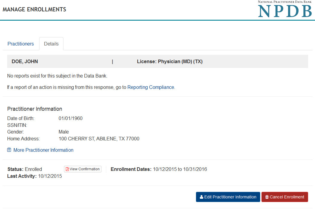 Screenshot of the Practitioner Details Tab under Manage Enrollments