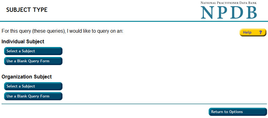 Screenshot of the Subject Type Page with the option for an individual or organization